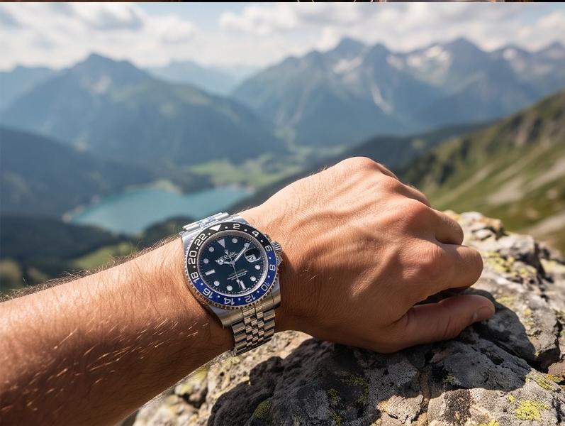 Luxury GMT Style Stainless Steel Watch – Black & Blue Bezel Edition