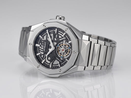 Open Heart Skeleton Dial Men's Watch with Geometric Steel Bracelet