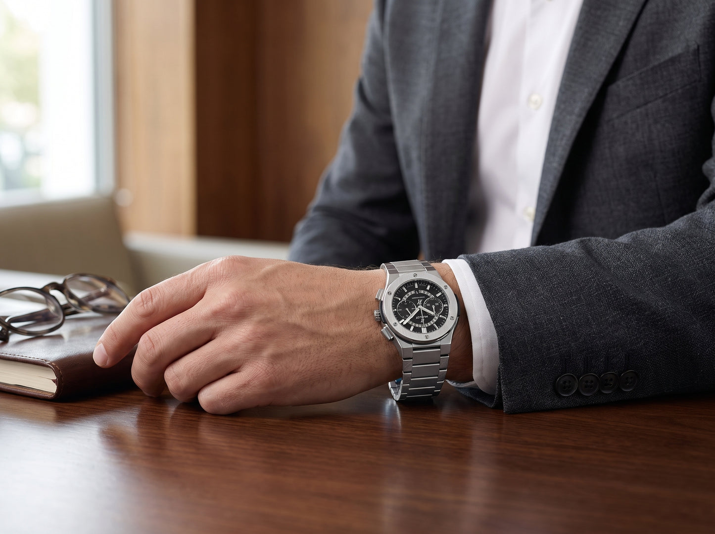 Men's Luxury Silver Stainless Steel Chronograph Watch - Black Dial
