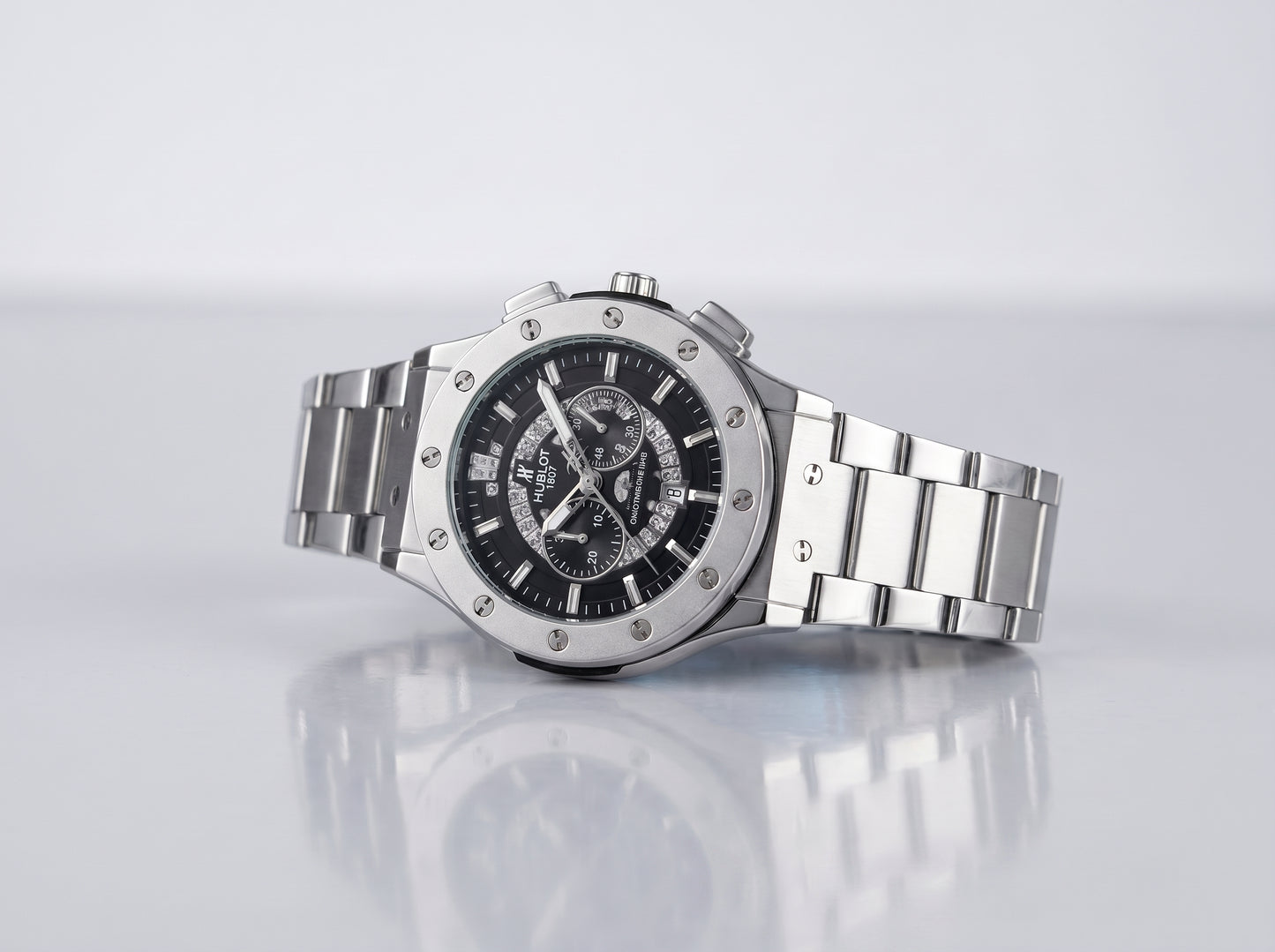 Men's Luxury Silver Stainless Steel Chronograph Watch - Black Dial