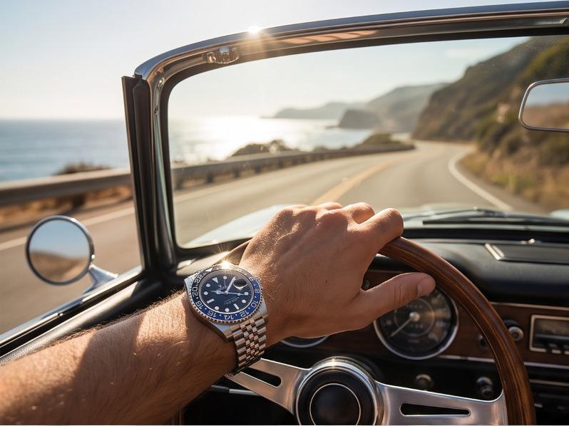 Luxury GMT Style Stainless Steel Watch – Black & Blue Bezel Edition