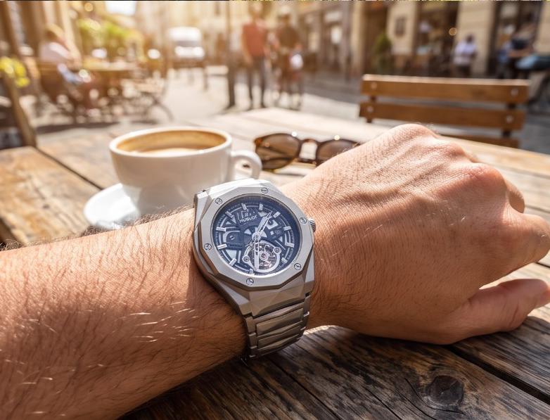 Open Heart Skeleton Dial Men's Watch with Geometric Steel Bracelet