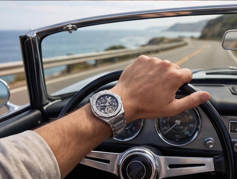 Open Heart Skeleton Dial Men's Watch with Geometric Steel Bracelet