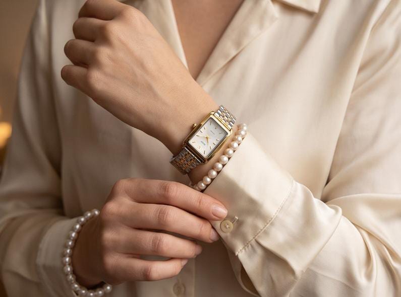 Women's Classic Rectangular Face Analog Watch - Two-Tone Quartz