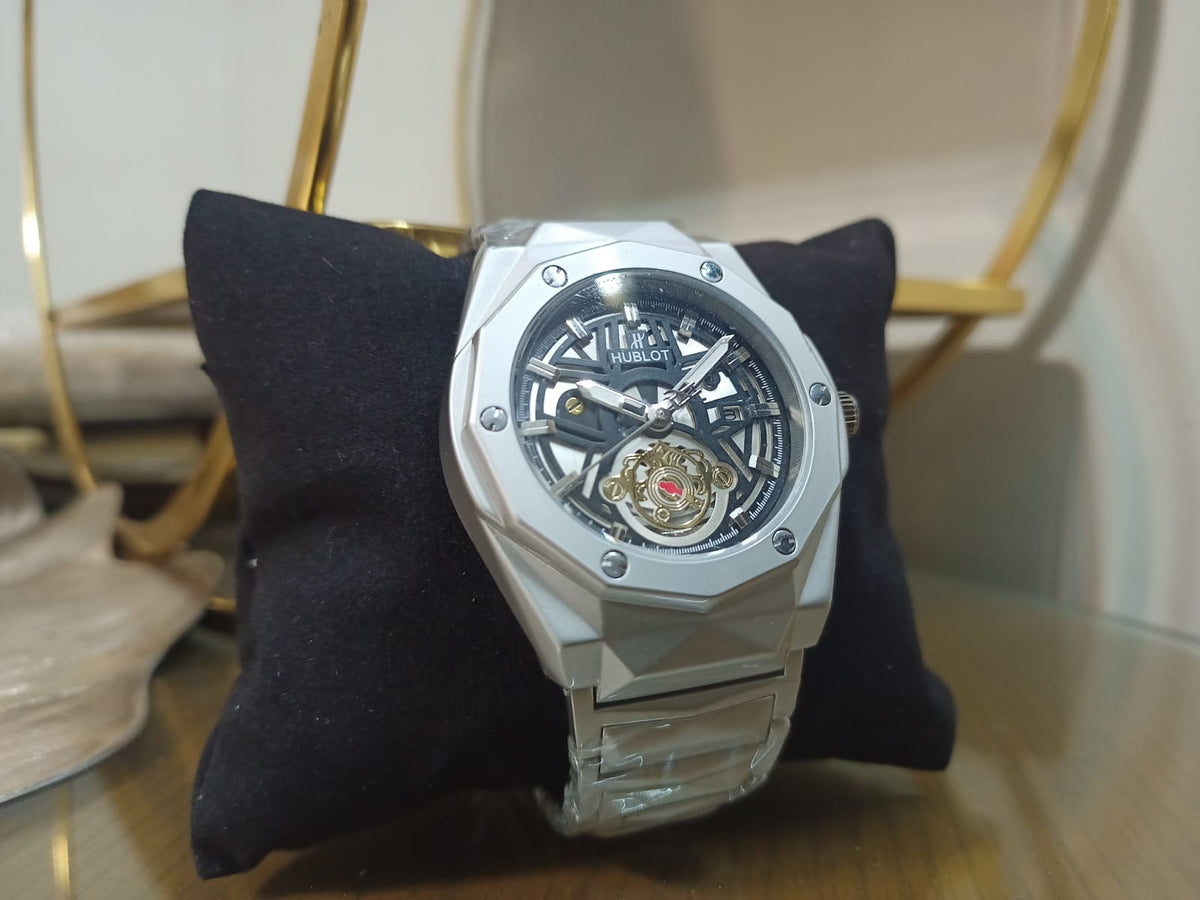 Open Heart Skeleton Dial Men's Watch with Geometric Steel Bracelet