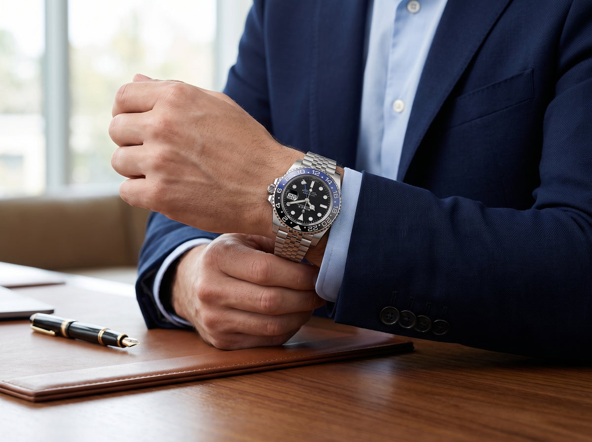 Luxury GMT Style Stainless Steel Watch – Black & Blue Bezel Edition