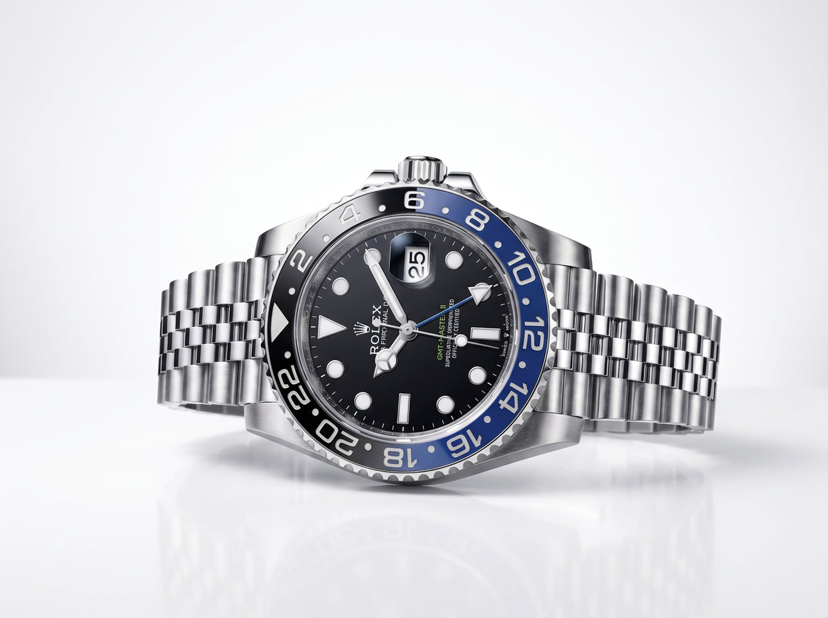 Luxury GMT Style Stainless Steel Watch – Black & Blue Bezel Edition